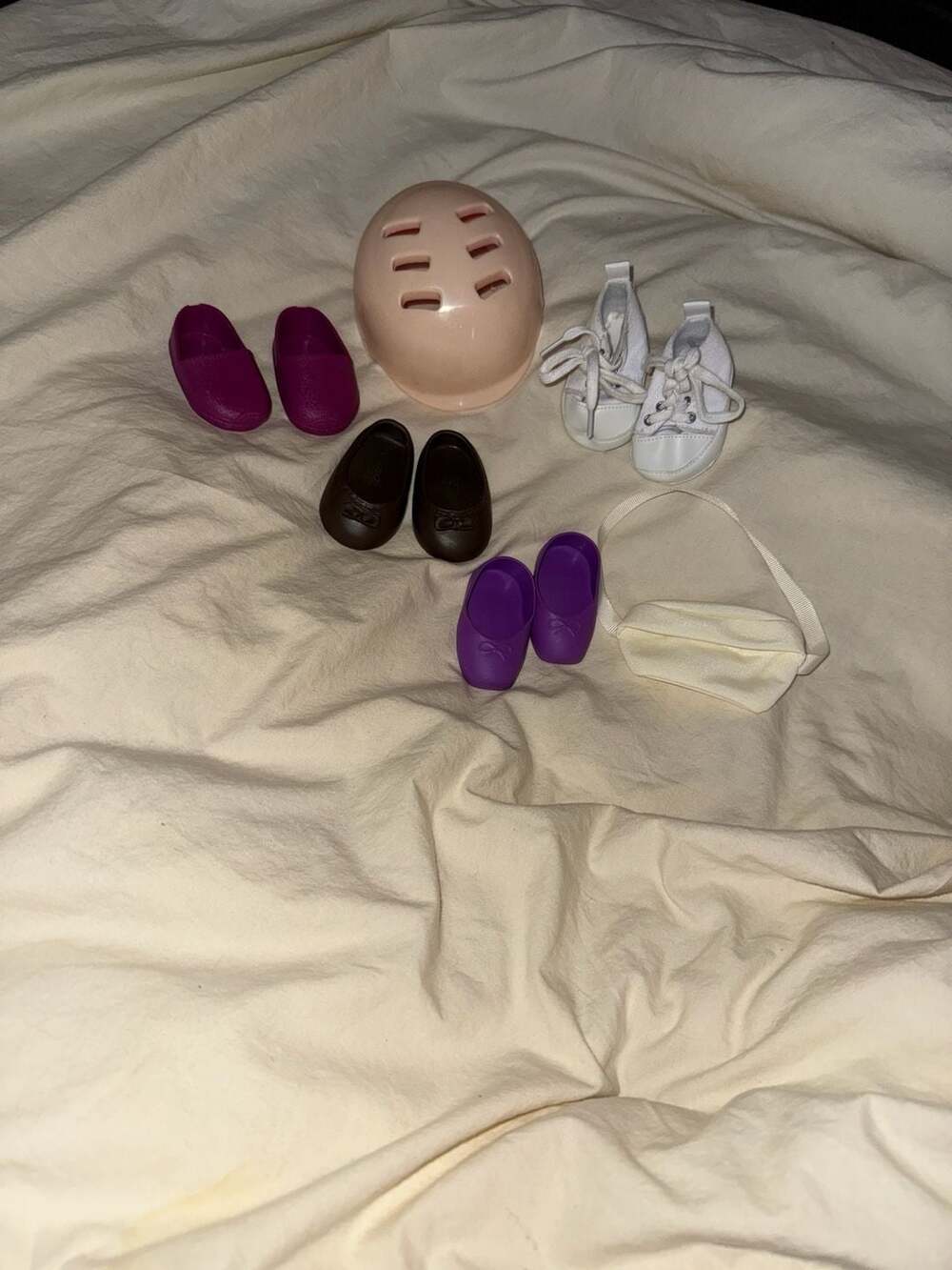 Our Generation Doll Accessories Lot - 4 Pairs of Shoes, Helmet, and Bag